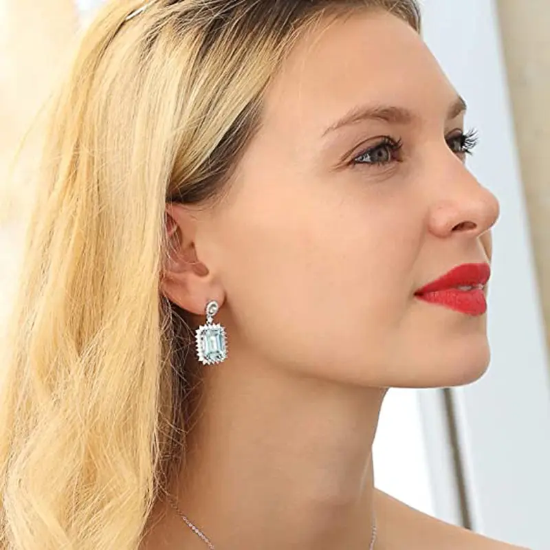 Huitan High Quality Geometric Light Blue CZ Dangle Earrings for Women Sparkling Engagement Wedding Trend Female Accessories Gift