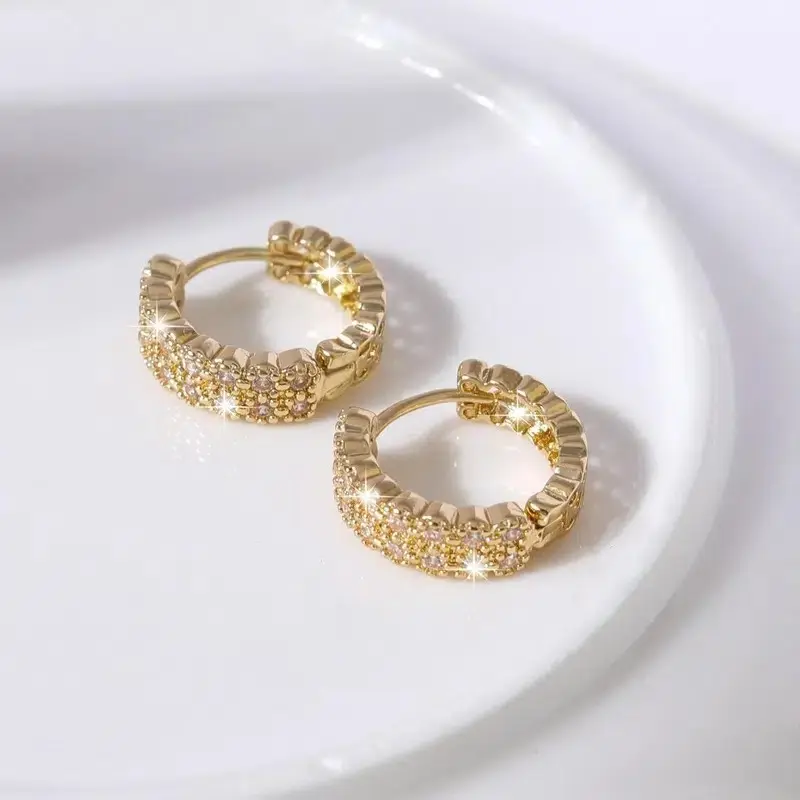 Huitan Fashion Shinning Gold Color Hoop Earrings Female Engagement Accessories with Brilliant Zirconia Stylish Lady Jewelry Gift