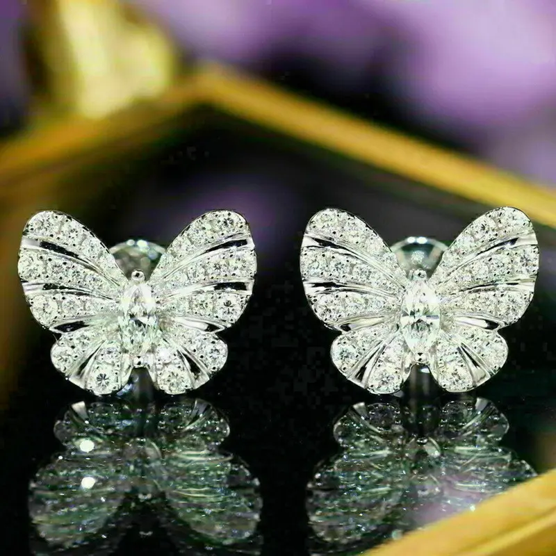 Huitan Silver Color Butterfly Earrings Ear Piercing Wedding Earrings for Women Fancy Daily Wear Accessories New Trendy Jewelry