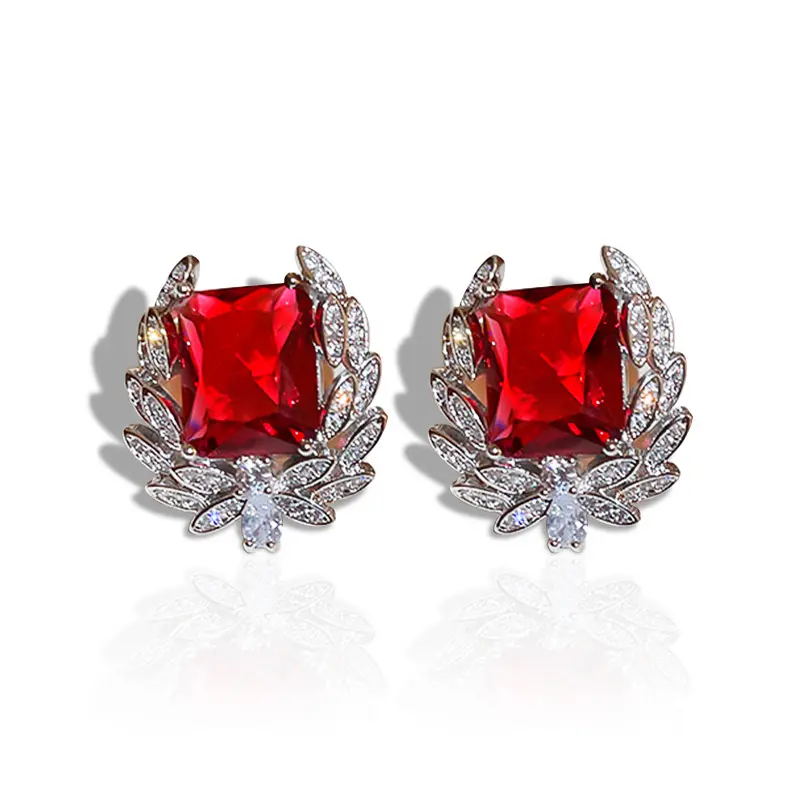 Huitan Bright Zirconia Ear Studs Lady Wedding Ceremony Jewelry Shinning Red Crystal Earrings for Women Aesthetic Women Jewelry