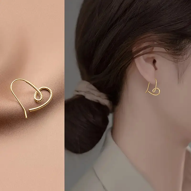 Huitan Twist Design Heart Ear Hook Female Simple Fashion Pierced Earrings Metallic Style Accessories Love Jewelry for Daily Wear