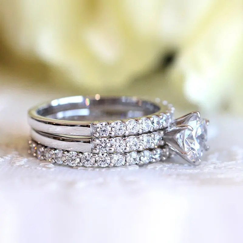 Huitan 3Pcs Set Women Rings Full Round Cubic Zirconia Bling Bling Wedding Engagement Ceremony Party Bridal Rings Fashion Jewelry