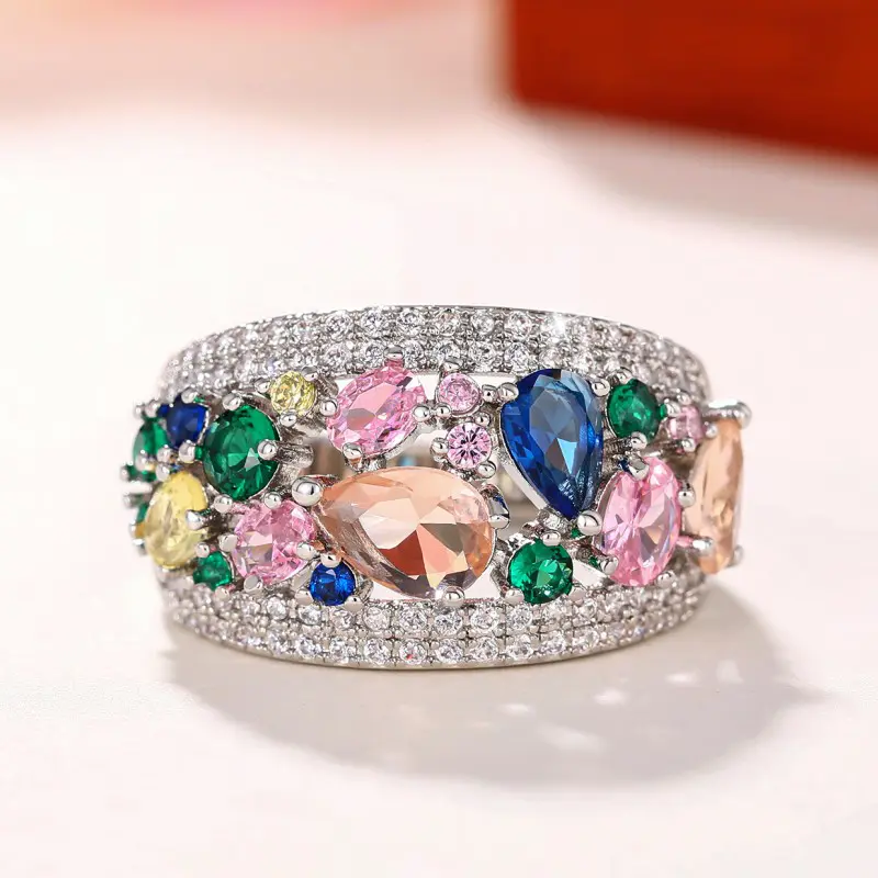 Huitan Multi Colored Cubic Zirconia Women Rings Newly Designed Wedding Engagement Luxury Accessories Fancy Gift Fashion Jewelry