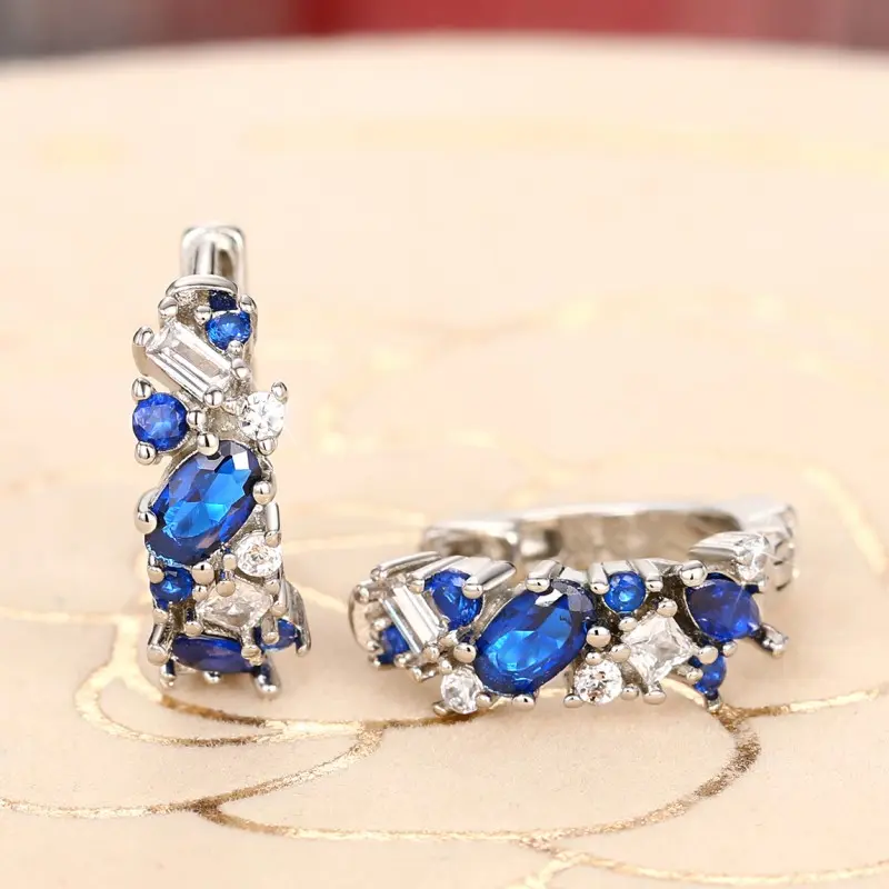 Huitan Chic Blue CZ Hoop Earrings for Women Silver Color Exquisite Lady's Ear Circle Earrings Fashion Versatile Wedding Jewelry