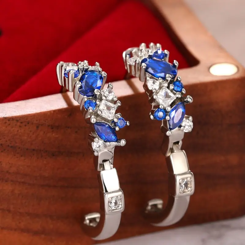 Huitan Chic Blue CZ Hoop Earrings for Women Silver Color Exquisite Lady's Ear Circle Earrings Fashion Versatile Wedding Jewelry