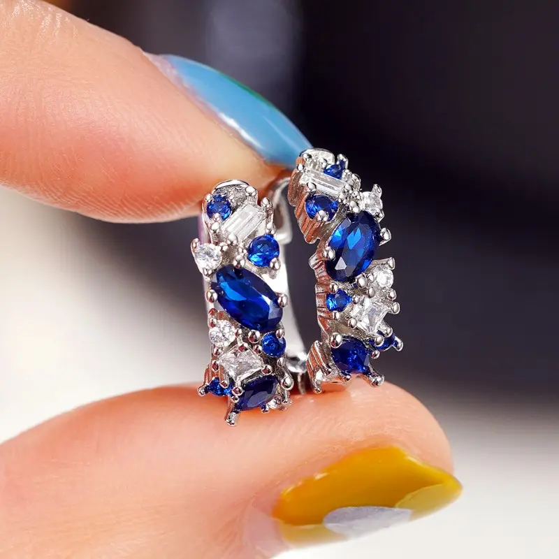 Huitan Chic Blue CZ Hoop Earrings for Women Silver Color Exquisite Lady's Ear Circle Earrings Fashion Versatile Wedding Jewelry