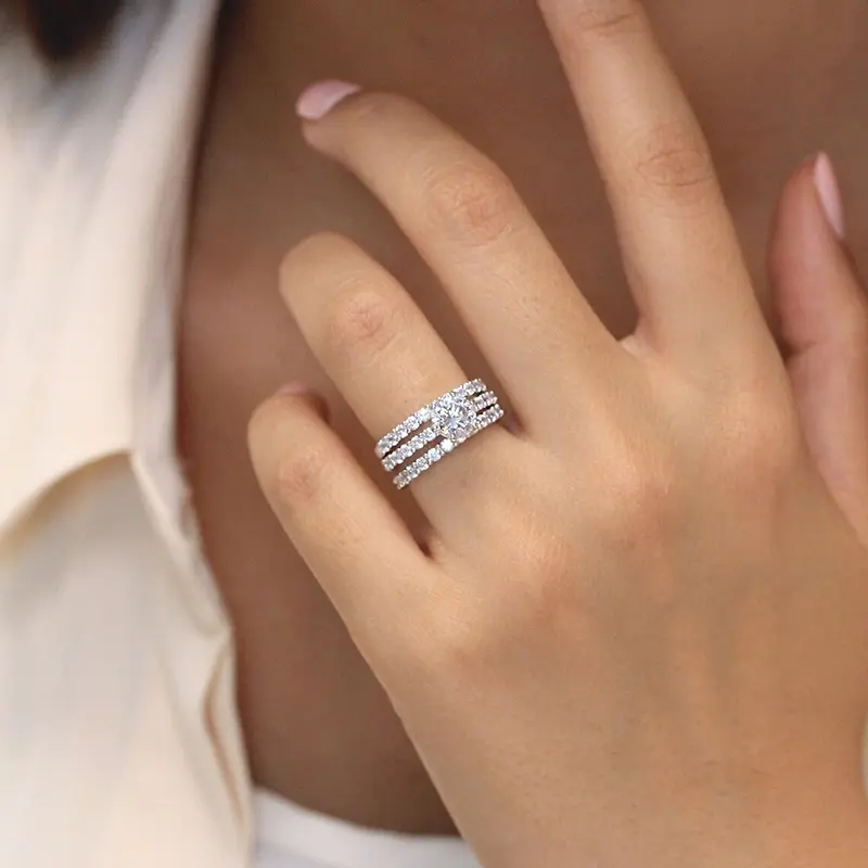 Huitan 3Pcs Set Women Rings Full Round Cubic Zirconia Bling Bling Wedding Engagement Ceremony Party Bridal Rings Fashion Jewelry