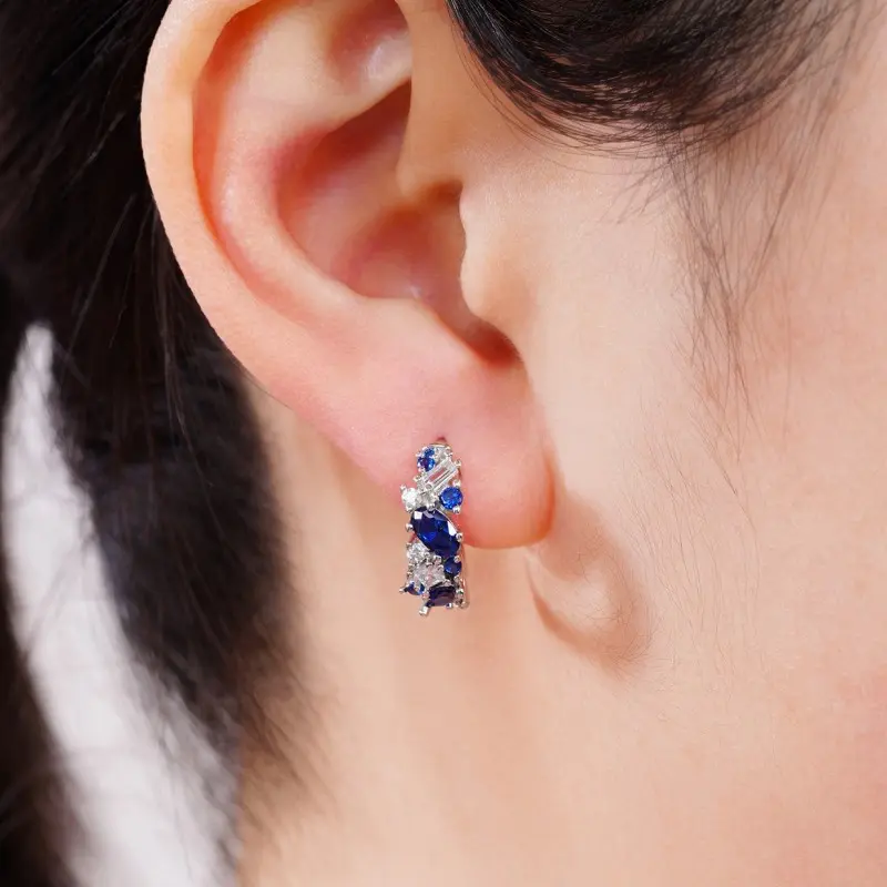 Huitan Chic Blue CZ Hoop Earrings for Women Silver Color Exquisite Lady's Ear Circle Earrings Fashion Versatile Wedding Jewelry
