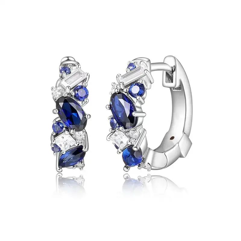 Huitan Chic Blue CZ Hoop Earrings for Women Silver Color Exquisite Lady's Ear Circle Earrings Fashion Versatile Wedding Jewelry