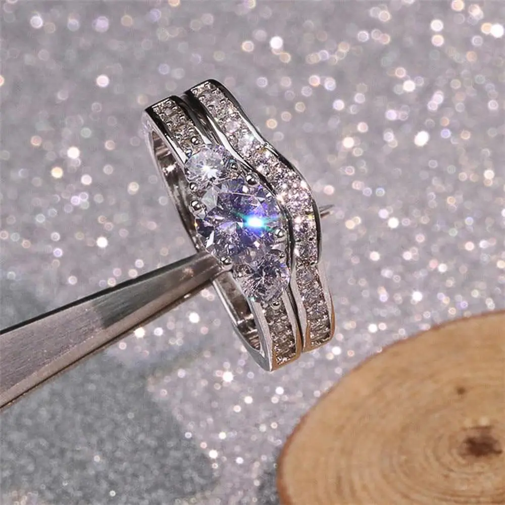Huitan Double Stackable Set Rings for Women Silver Color 2Pcs Wedding Ring Shiny Cubic Zircon Anniversary Gift Statement Jewelry