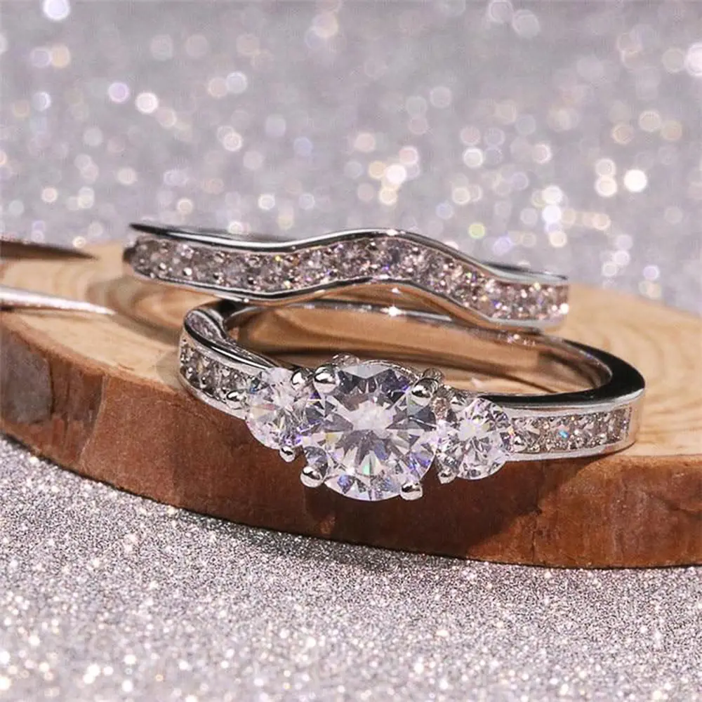 Huitan Double Stackable Set Rings for Women Silver Color 2Pcs Wedding Ring Shiny Cubic Zircon Anniversary Gift Statement Jewelry