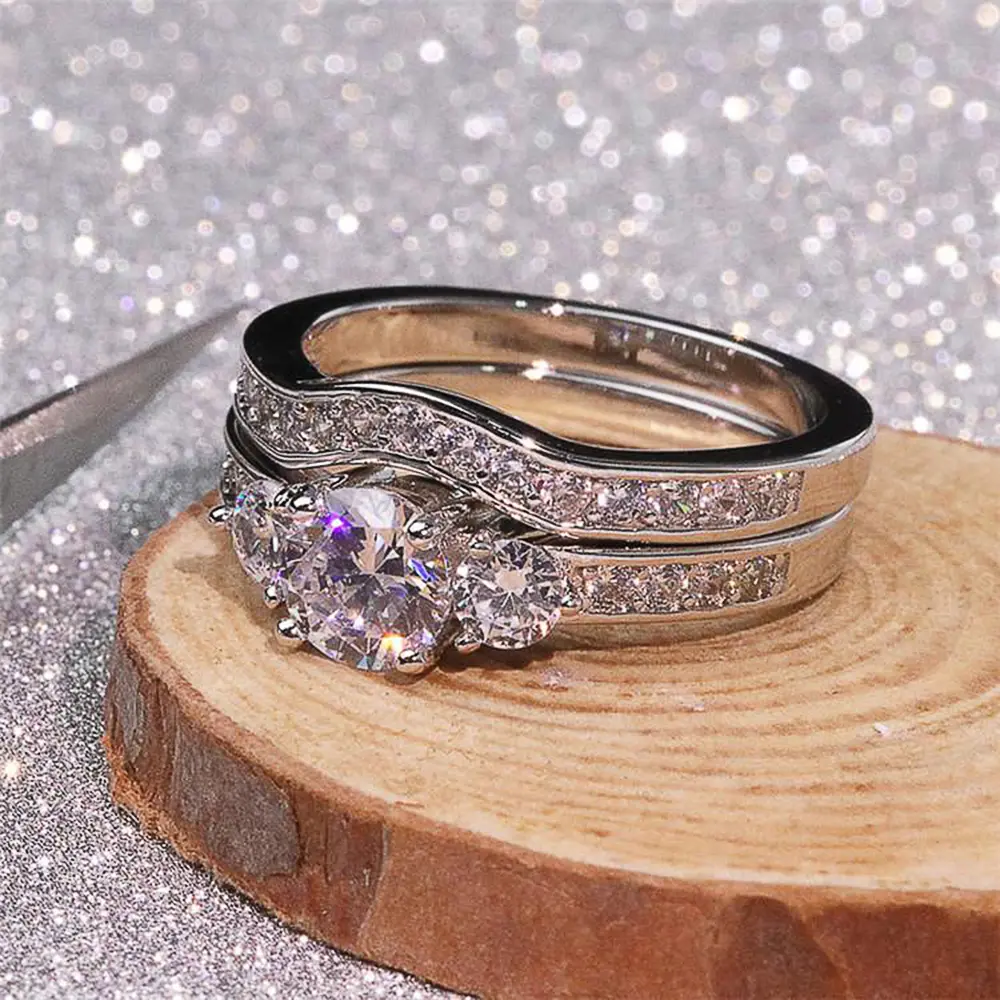 Huitan Double Stackable Set Rings for Women Silver Color 2Pcs Wedding Ring Shiny Cubic Zircon Anniversary Gift Statement Jewelry