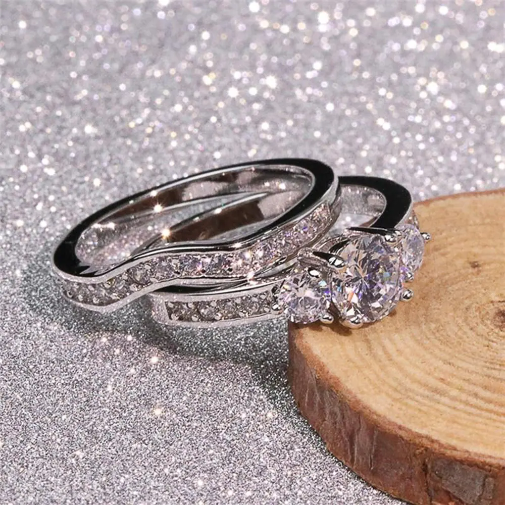 Huitan Double Stackable Set Rings for Women Silver Color 2Pcs Wedding Ring Shiny Cubic Zircon Anniversary Gift Statement Jewelry