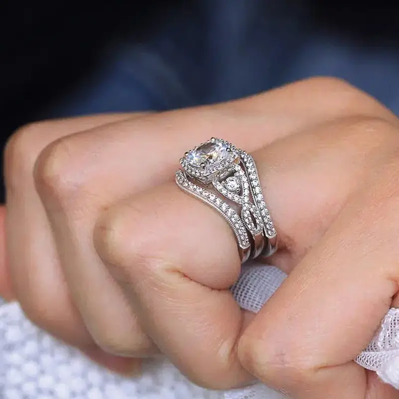 Huitan Trendy 3Pcs Set Rings for Women Full Bling Iced Out Cubic Zircon Statement Female Accessories Wedding Engagement Jewelry