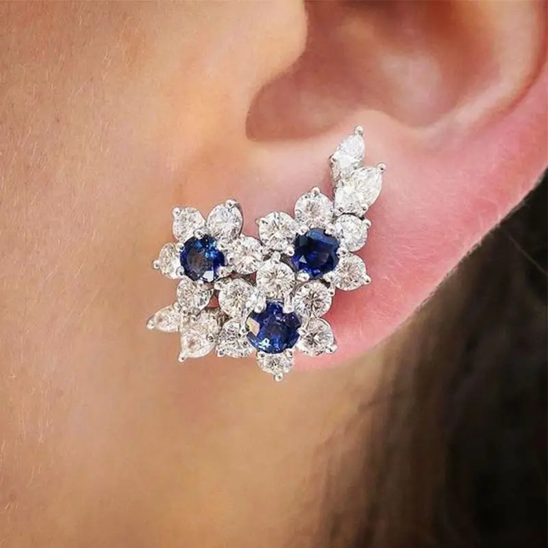 Huitan Temperament CZ Stud Earrings for Women Novel Blue Flower Design Brilliant Female Party Accessories Gift Statement Jewelry