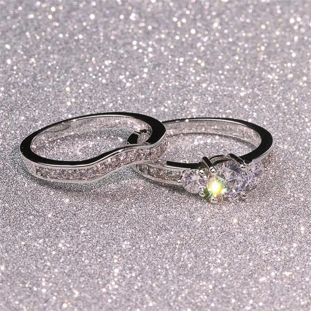 Huitan Double Stackable Set Rings for Women Silver Color 2Pcs Wedding Ring Shiny Cubic Zircon Anniversary Gift Statement Jewelry