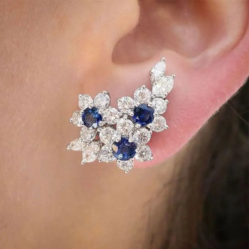 Huitan Temperament CZ Stud Earrings for Women Novel Blue Flower Design Brilliant Female Party Accessories Gift Statement Jewelry