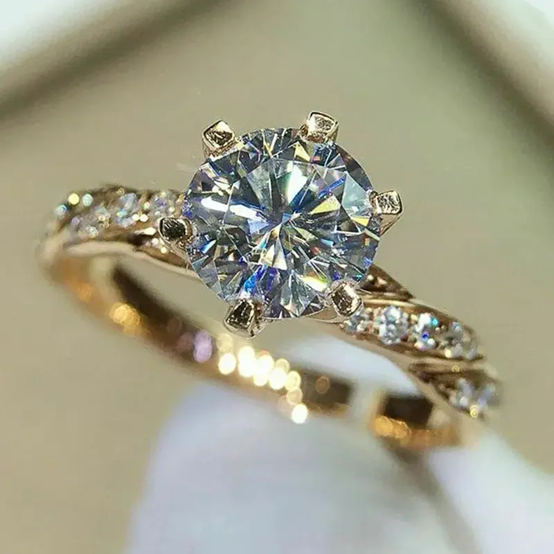 Huitan Fancy Twist Band Round Cubic Zirconia Settings Women Rings Gold Color Proposal Wedding Accessories Fashion Jewelry Bulk