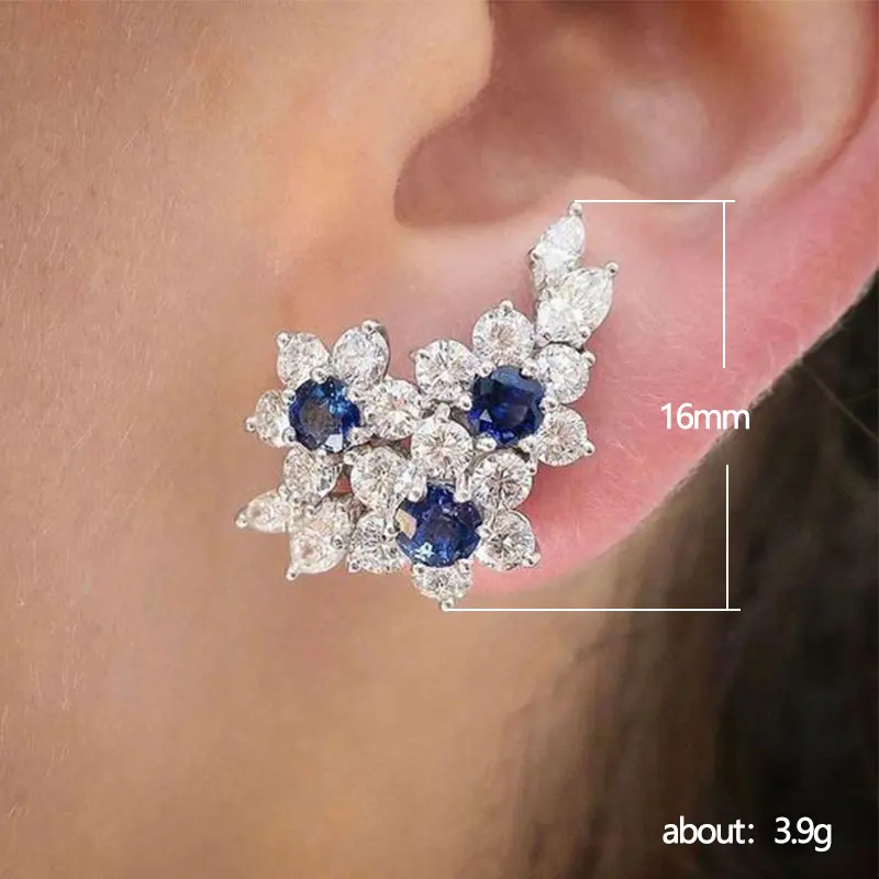 Huitan Temperament CZ Stud Earrings for Women Novel Blue Flower Design Brilliant Female Party Accessories Gift Statement Jewelry