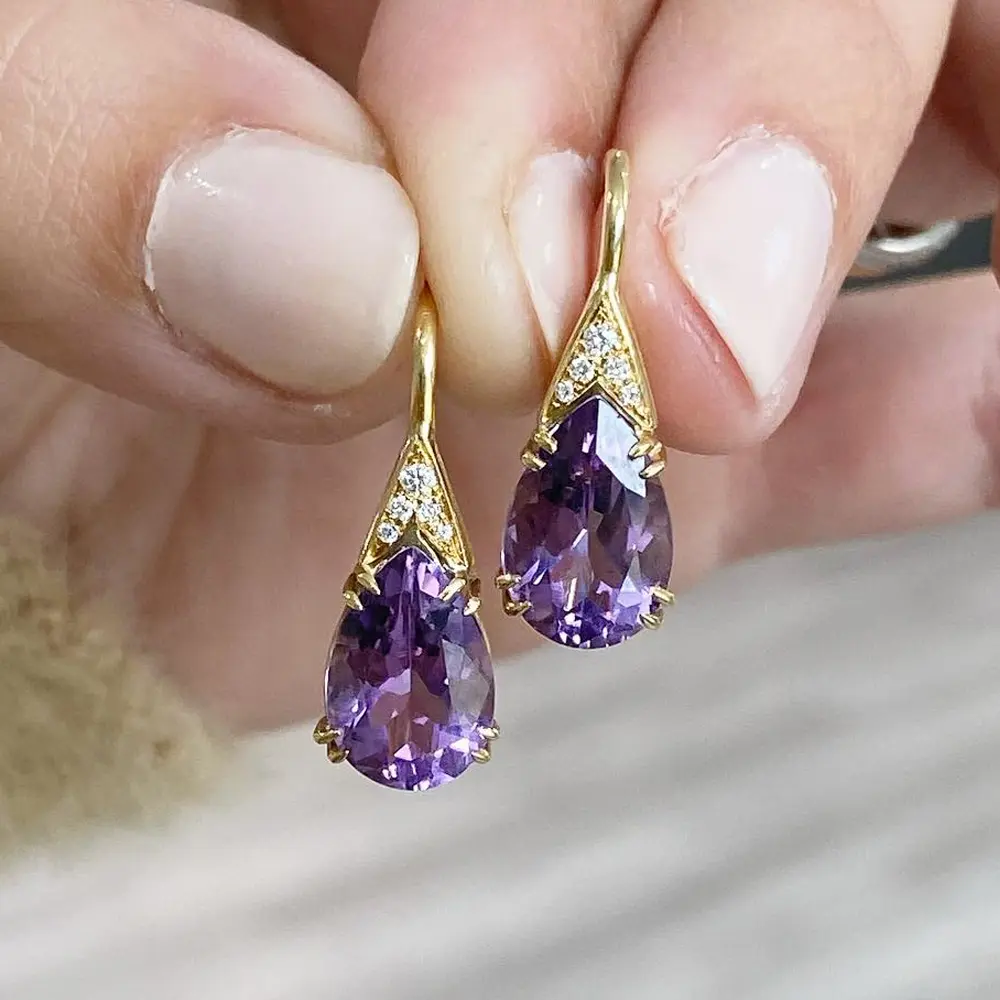 Huitan Luxury Gold Color Purple Pear CZ Drop Earrings Unique Women's Earrings Exquisite Gift Temperament Lady Jewelry Wholesale