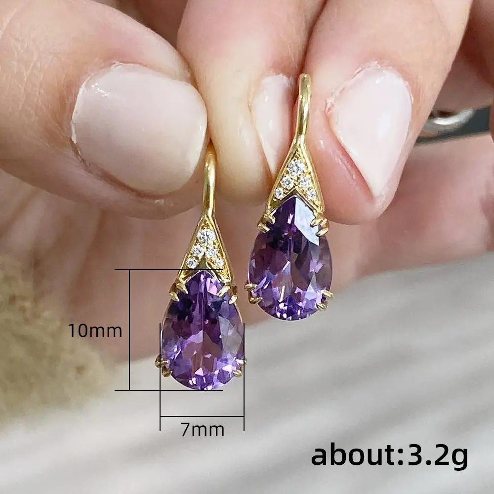 Huitan Luxury Gold Color Purple Pear CZ Drop Earrings Unique Women's Earrings Exquisite Gift Temperament Lady Jewelry Wholesale