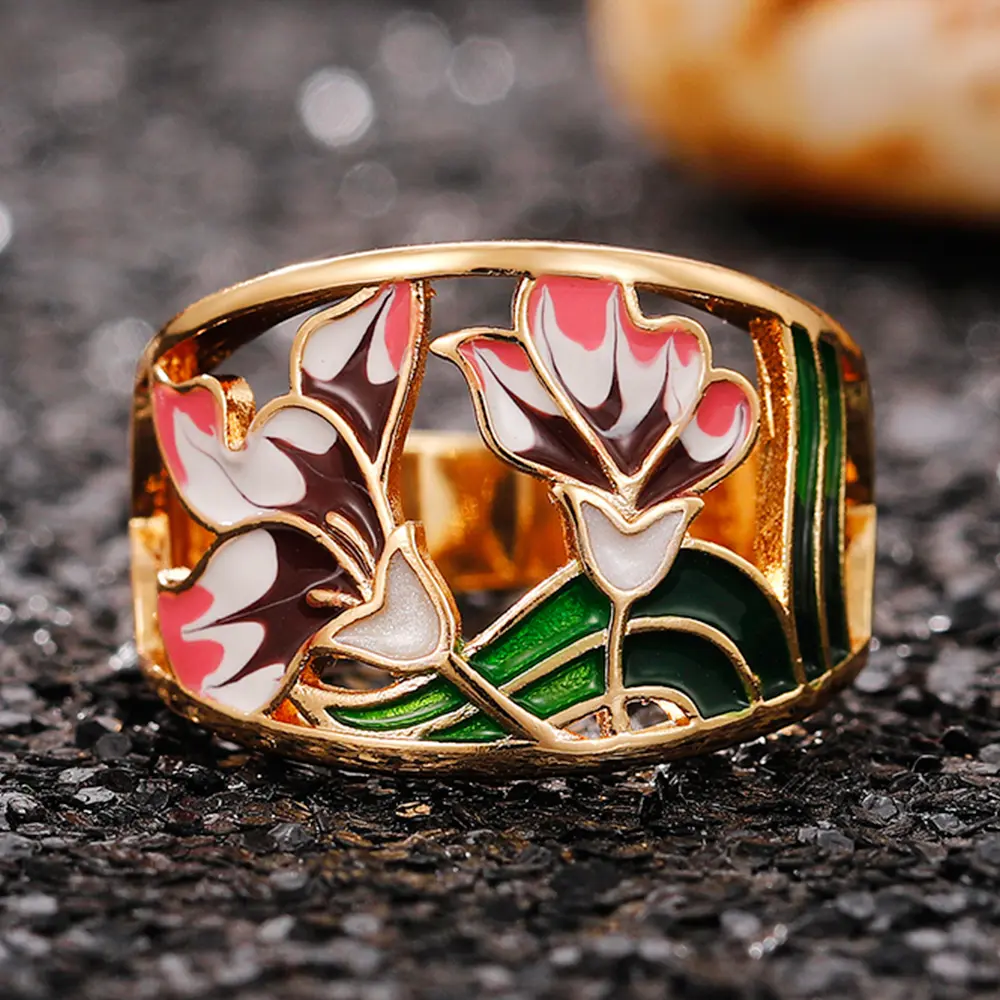 Huitan Romantic Pink Flower Hollow Out Band Women's Finger Ring Gold Color Creative Enamel Rings for Party Jewelry Drop Shipping