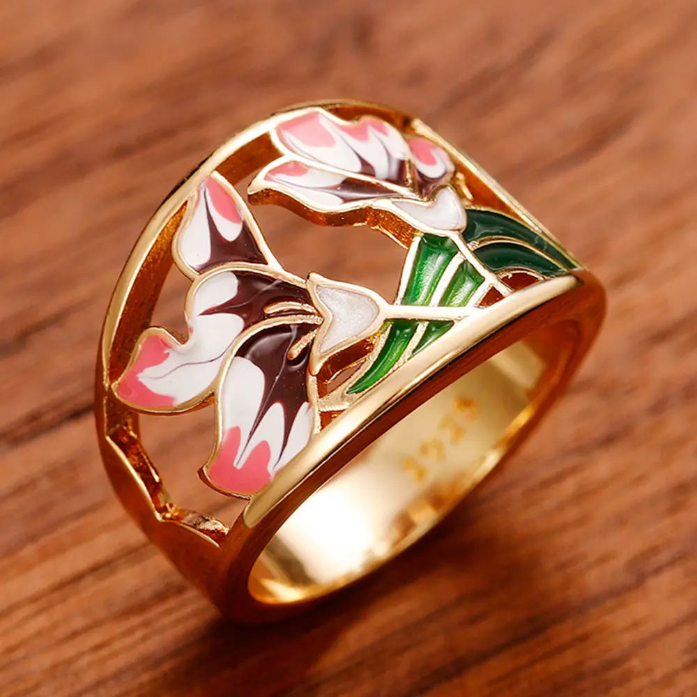 Huitan Romantic Pink Flower Hollow Out Band Women's Finger Ring Gold Color Creative Enamel Rings for Party Jewelry Drop Shipping