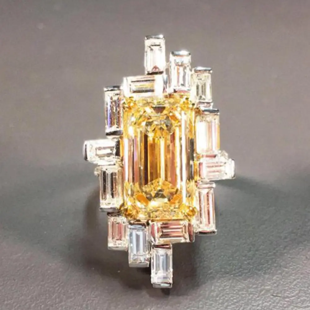 Huitan Geometric Yellow Cubic Zirconia Women's Rings Fashion Luxury Female Finger-ring for Party Anniversary Gift New Jewelry