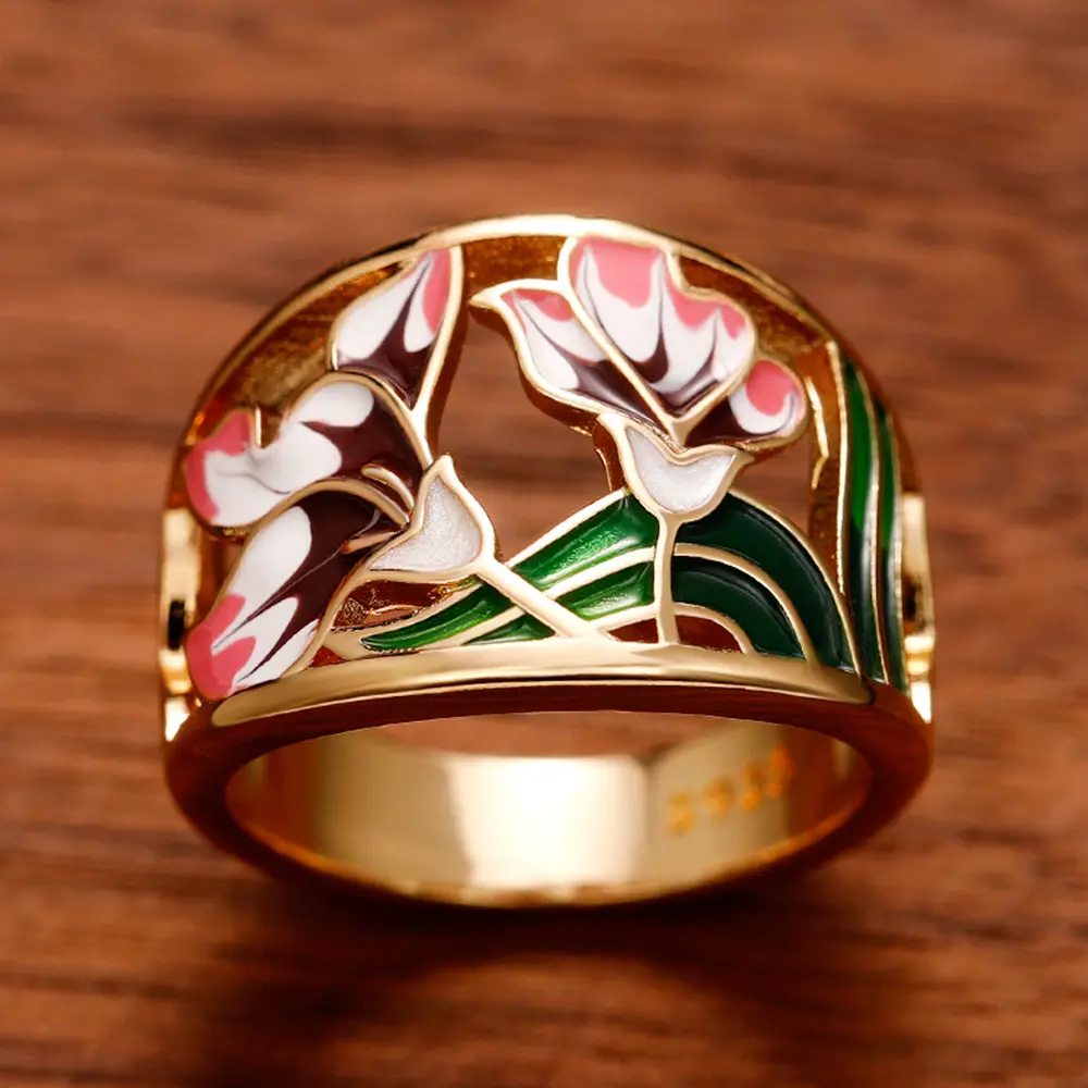 Huitan Romantic Pink Flower Hollow Out Band Women's Finger Ring Gold Color Creative Enamel Rings for Party Jewelry Drop Shipping