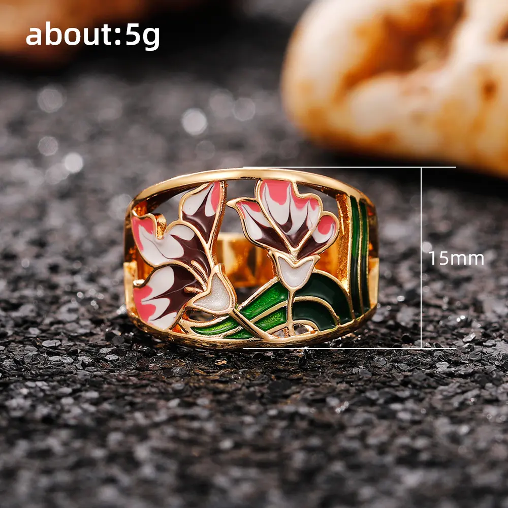 Huitan Romantic Pink Flower Hollow Out Band Women's Finger Ring Gold Color Creative Enamel Rings for Party Jewelry Drop Shipping
