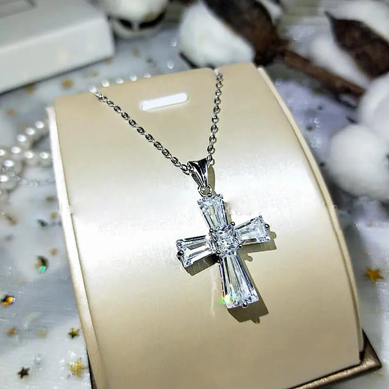 Huitan Simple Stylish Cross Pendant Necklaces for Women Square/Trapezoidal White CZ Luxury Bridal Wedding Jewelry 2021 Trends