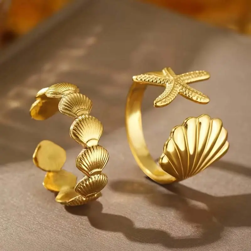 2Pcs/Set Fashion Gold Color Starfish Shell Rings For Women Stainless Steel Metal Star Adjustable Ring Jewelry Beach Party Gifts