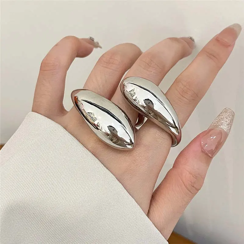 Exaggerated Metal Glossy Double Water Drop Open Ring for Women Fashion Silver Color Geometric Adjustable Ring Jewelry 2025