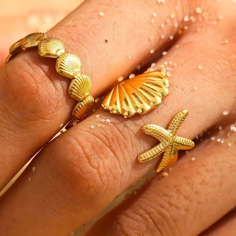 2Pcs/Set Fashion Gold Color Starfish Shell Rings For Women Stainless Steel Metal Star Adjustable Ring Jewelry Beach Party Gifts