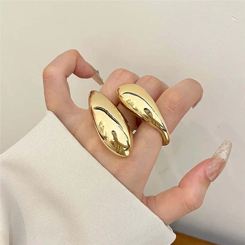 Exaggerated Metal Glossy Double Water Drop Open Ring for Women Fashion Silver Color Geometric Adjustable Ring Jewelry 2025