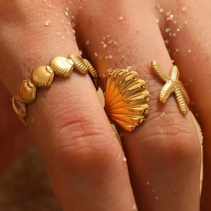 2Pcs/Set Fashion Gold Color Starfish Shell Rings For Women Stainless Steel Metal Star Adjustable Ring Jewelry Beach Party Gifts