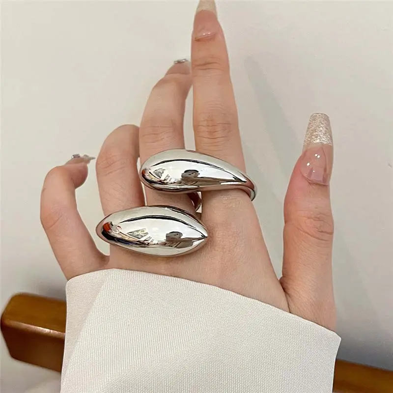 Exaggerated Metal Glossy Double Water Drop Open Ring for Women Fashion Silver Color Geometric Adjustable Ring Jewelry 2025