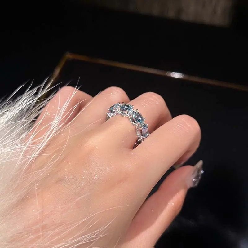 Luxury Shiny Blue Zircon Rings for Women Girls Exquisite Rhinestone Splicing Knot Knuckle Ring Bride Wedding Jewelry Gift