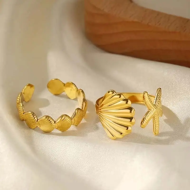 2Pcs/Set Fashion Gold Color Starfish Shell Rings For Women Stainless Steel Metal Star Adjustable Ring Jewelry Beach Party Gifts