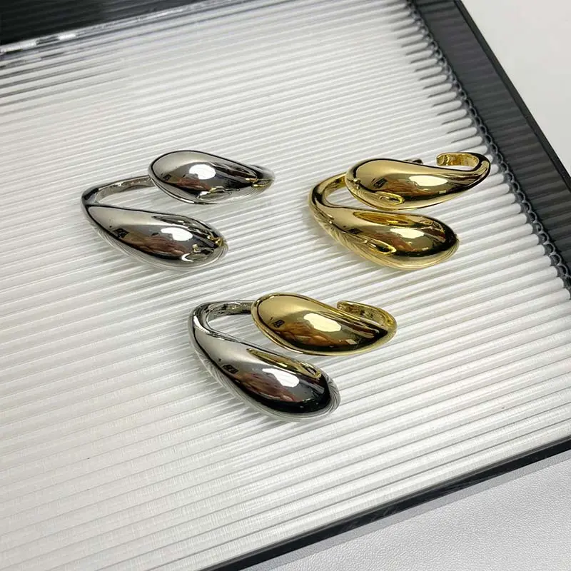 Exaggerated Metal Glossy Double Water Drop Open Ring for Women Fashion Silver Color Geometric Adjustable Ring Jewelry 2025