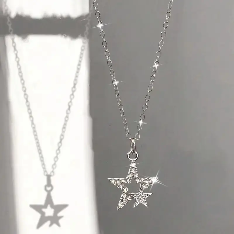 Korean Pentagram Pendant Necklace for Women Personalized Shiny Metal Crystal Clavicle Chain Sweater Chain Fashion Jewelry Gifts