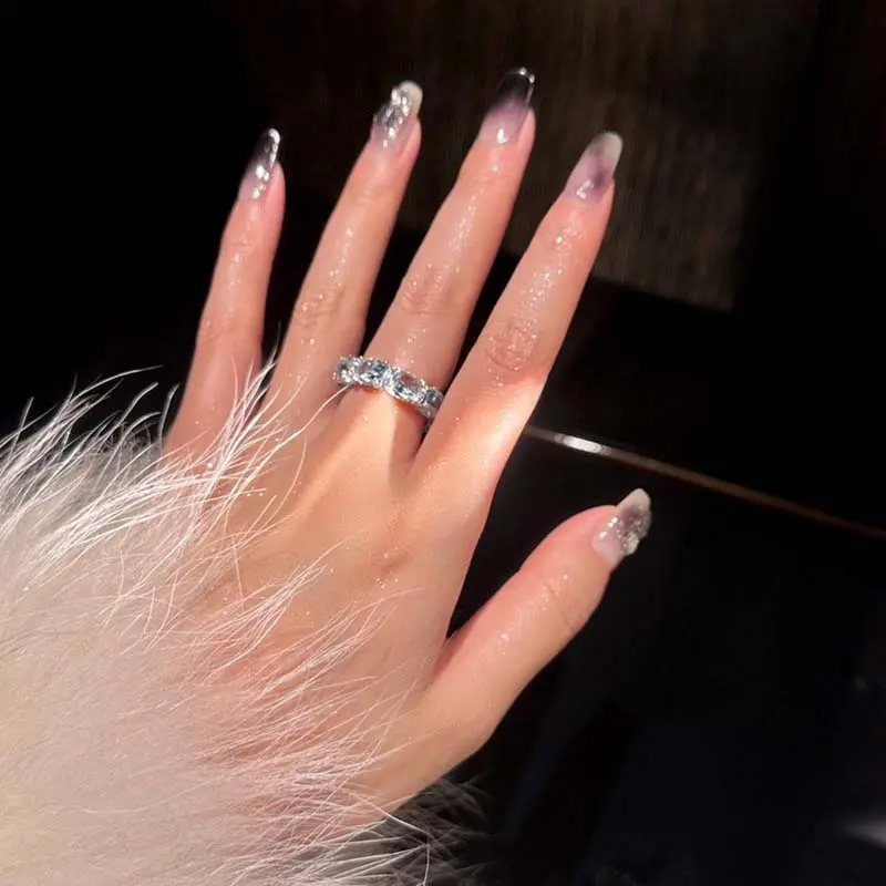 Luxury Shiny Blue Zircon Rings for Women Girls Exquisite Rhinestone Splicing Knot Knuckle Ring Bride Wedding Jewelry Gift