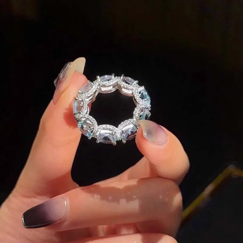 Luxury Shiny Blue Zircon Rings for Women Girls Exquisite Rhinestone Splicing Knot Knuckle Ring Bride Wedding Jewelry Gift