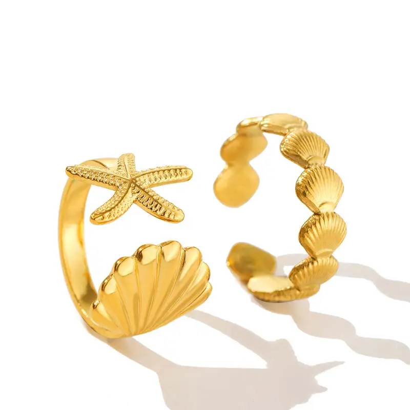 2Pcs/Set Fashion Gold Color Starfish Shell Rings For Women Stainless Steel Metal Star Adjustable Ring Jewelry Beach Party Gifts