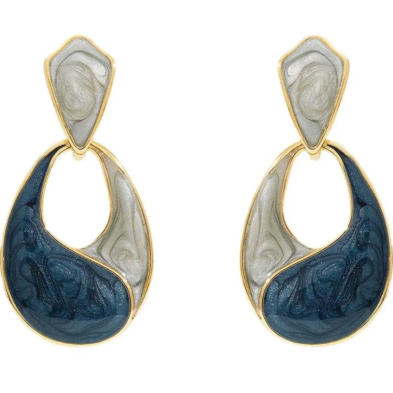 Vintage Blue Enamel Water-Drop Dangle Earrings for Women Elegant Geometric Hollow Drop Earring Wedding Party Jewelry Accessories