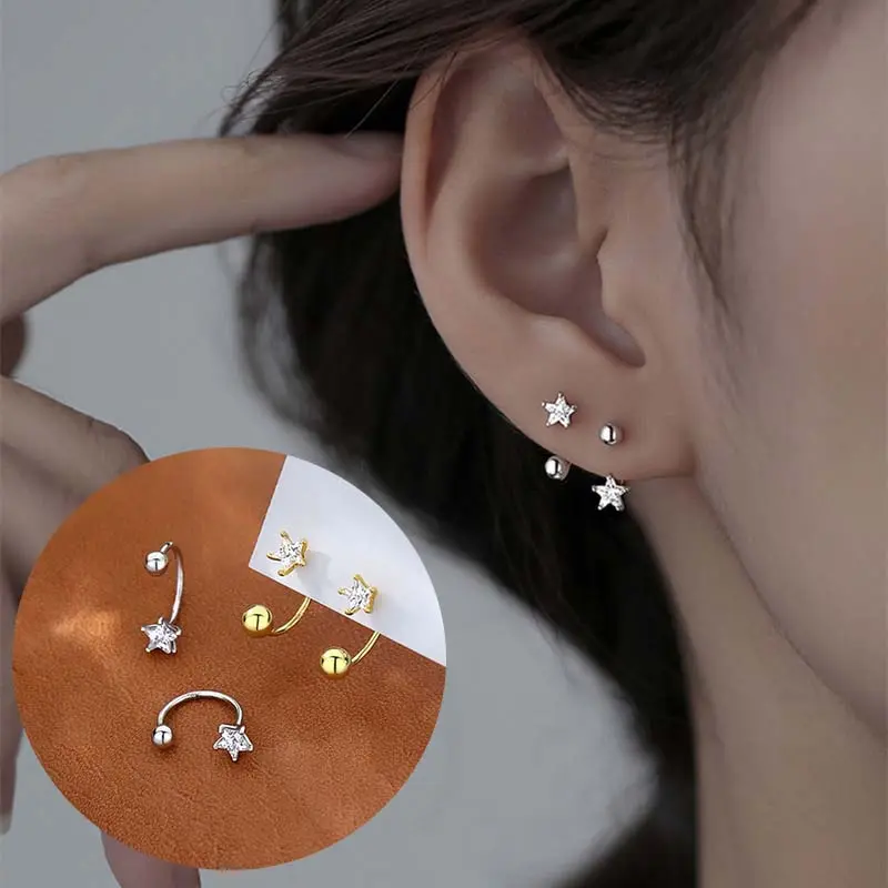 2Pcs Gold Color Minimal Crystal Star Ear Studs Earring for Women Korean Heart Ear Cartilage Helix Piercing Earring Jewelry Gifts