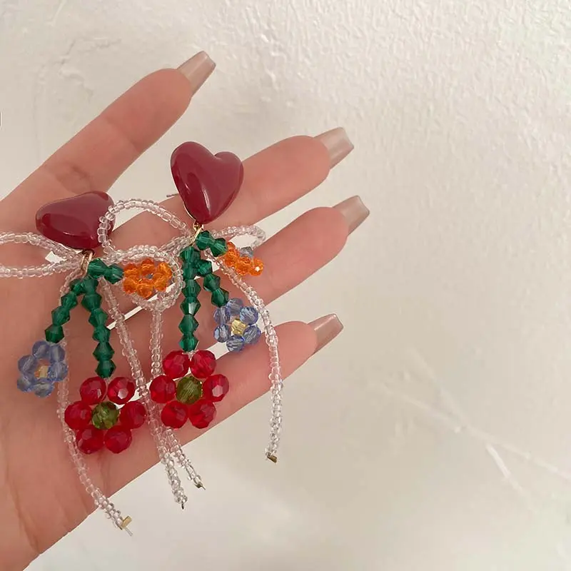Korean Red Crystal Heart Flower Pendant Earrings For Women Sweet Handmade Beaded Bow Tassel Dange Earrings Jewelry Gifts 2025