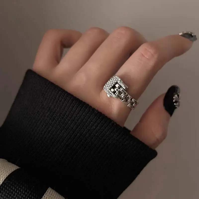 2025 New Design Silver Color Belt OT Buckle Chain Rings for Women Men Fashion Sparkling Zircon Adjustable Finger Ring Jewelry