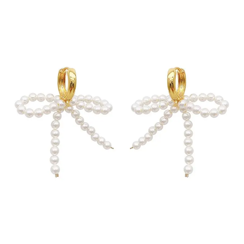Vintage White Bowknot Pearl Dangle Earrings For Women Elegant Imitation Pearl Temperament Earrings Wedding Jewelry Gifts