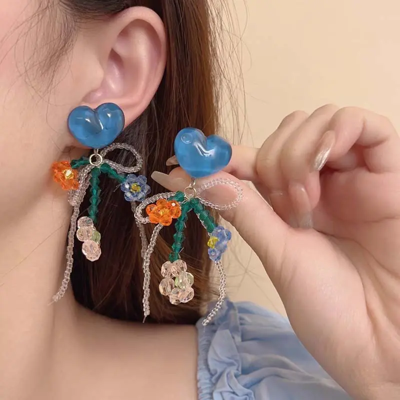 Korean Red Crystal Heart Flower Pendant Earrings For Women Sweet Handmade Beaded Bow Tassel Dange Earrings Jewelry Gifts 2025